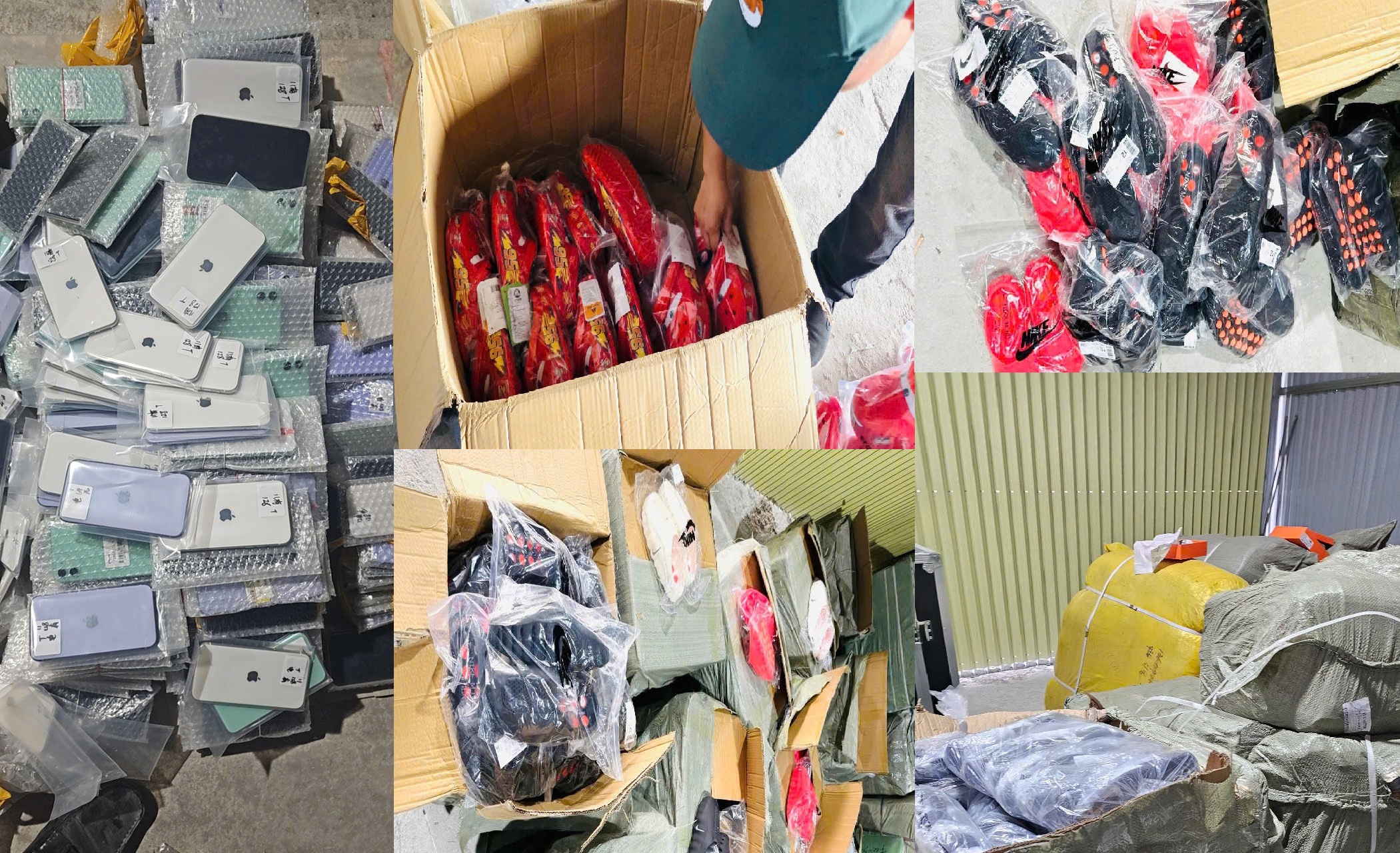 Sản phẩm phụ kiện điện thoại gồm tai nghe, củ sạc và dây điện thoại có gắn nhãn hiệu Iphone, Samsung, OPPO. 