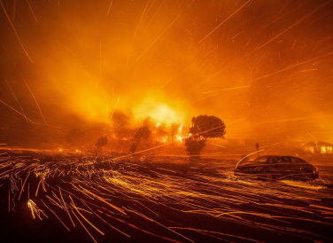 Gió thổi bay tàn lửa trong trận cháy rừng Palisades ở phía tây Los Angeles (California, Mỹ) ngày 7/1