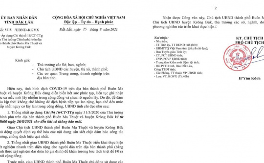 Đắk Lắk: Tiếp tục áp dụng Chỉ thị 16 trên địa bàn TP. Buôn Ma Thuột và huyện Krông Búk