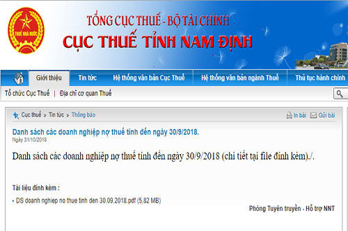 Cục Thuế Nam Định công khai 167 doanh nghiệp nợ thuế