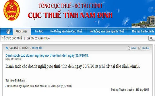 Cục Thuế Nam Định công khai 167 doanh nghiệp nợ thuế