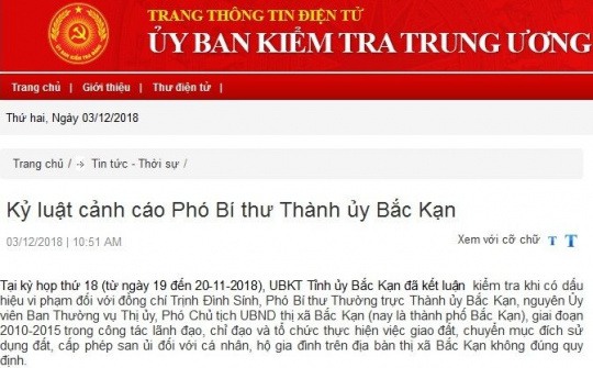 Kỷ luật Cảnh cáo Phó Bí thư Thành ủy Bắc Kạn
