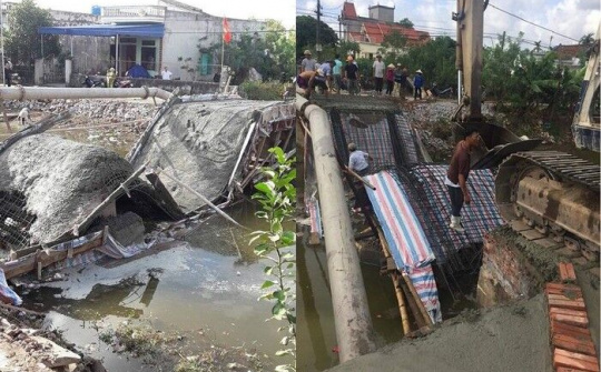 Cầu vừa đổ bê tông đã đổ sập xuống sông ở Nam Định