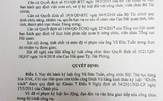 5 cán bộ hải quan Hải Phòng chỉ bị khiển trách