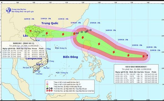 Dự báo thời tiết 12/9: Bão số 5 mạnh lên, siêu bão Mangkhut di chuyển về hướng Bắc Biển Đông