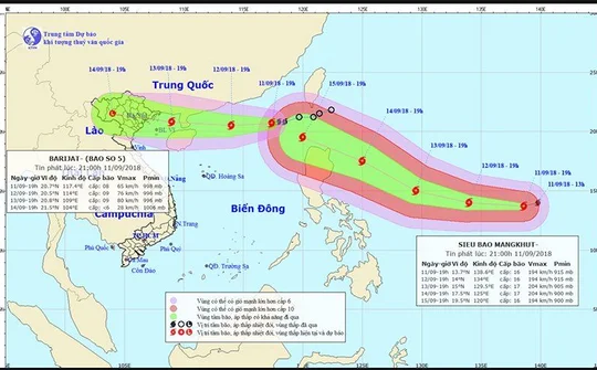 Dự báo thời tiết 12/9: Bão số 5 mạnh lên, siêu bão Mangkhut di chuyển về hướng Bắc Biển Đông