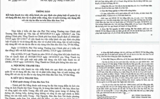 Thanh tra Chính phủ Thông báo Kết luận thanh tra các dự án trên bán đảo Sơn Trà, Đà Nẵng