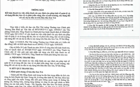 Thanh tra Chính phủ Thông báo Kết luận thanh tra các dự án trên bán đảo Sơn Trà, Đà Nẵng