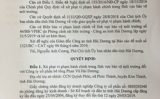 Hải Dương: Xử phạt hành chính  Công ty Bê tông Phan Vũ Hải Dương