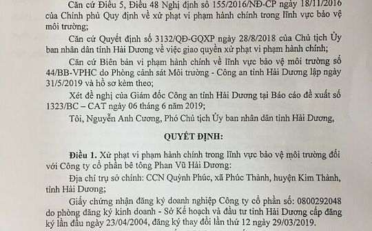 Hải Dương: Xử phạt hành chính  Công ty Bê tông Phan Vũ Hải Dương
