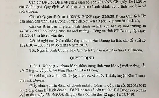 Hải Dương: Xử phạt hành chính Công ty Bê tông Phan Vũ Hải Dương