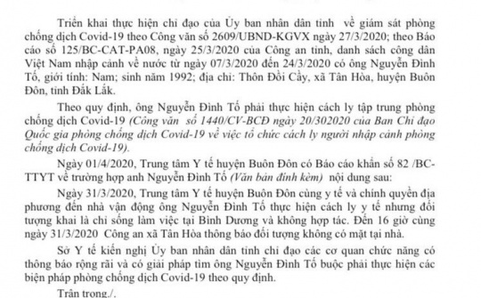 Giám đốc Sở Y tế Đắk Lắk: Thông báo truy tìm 1 công dân, thuộc diện buộc phải cách ly