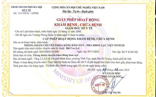 Nha khoa Lạc Việt Intech Minh Khai được Sở Y tế Hà Nội cấp phép hoạt động