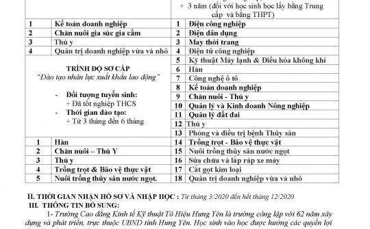 Trường Cao đẳng Kinh tế Kỹ thuật Tô Hiệu Hưng Yên tuyển sinh hệ chính quy năm 2020