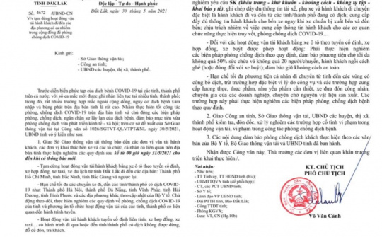 Đắk Lắk: Tạm dừng hoạt động vận tải hành khách bằng ô tô đến các tỉnh có dịch, ghi nhận thêm 1 trường hợp nghi mắc Covid-19
