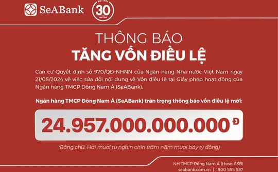 SeABank hoàn tất tăng vốn điều lệ lên 24.957 tỷ đồng