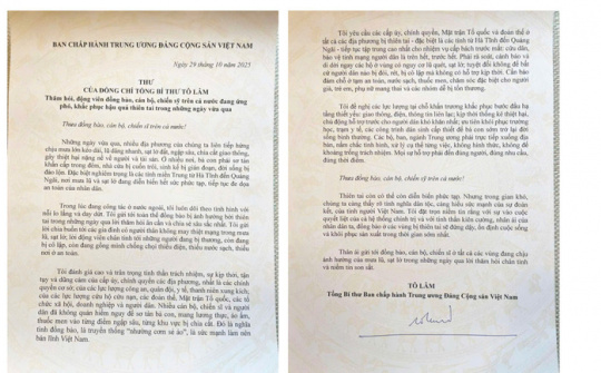 Tổng Bí thư Tô Lâm gửi Thư thăm hỏi đồng bào, cán bộ, chiến sĩ vùng thiên tai