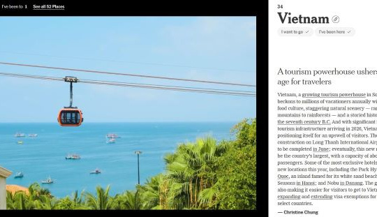 New York Times chọn cáp treo Hòn Thơm là hình ảnh biểu tượng của du lịch Việt Nam trong danh sách “phải đến năm 2026”