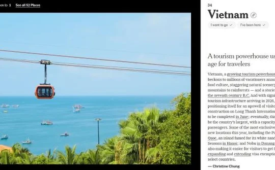New York Times chọn cáp treo Hòn Thơm là hình ảnh biểu tượng của du lịch Việt Nam trong danh sách “phải đến năm 2026”