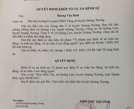 Khởi tố vụ án hình sự liên quan đến ca dương tính với SARS-CoV-2 tại Thanh Hóa