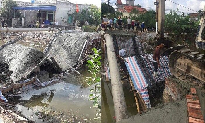 Cầu vừa đổ bê tông đã đổ sập xuống sông ở Nam Định