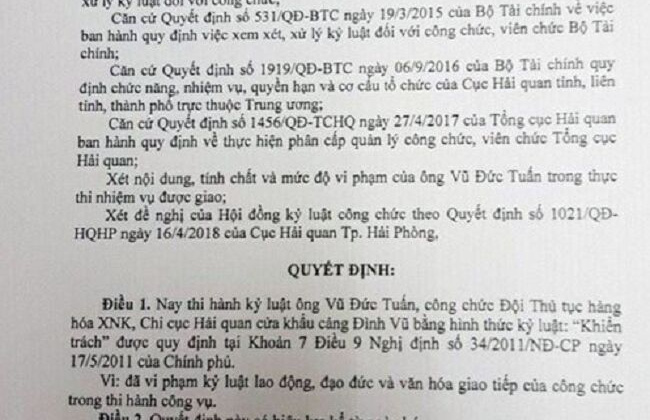 5 cán bộ hải quan Hải Phòng chỉ bị khiển trách
