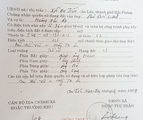 Huyện An Lão - Hải Phòng: UBND xã cấp.... Giấy chứng nhận quyền sử dụng đất?
