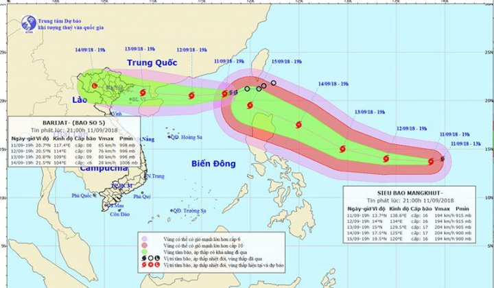 Dự báo thời tiết 12/9: Bão số 5 mạnh lên, siêu bão Mangkhut di chuyển về hướng Bắc Biển Đông
