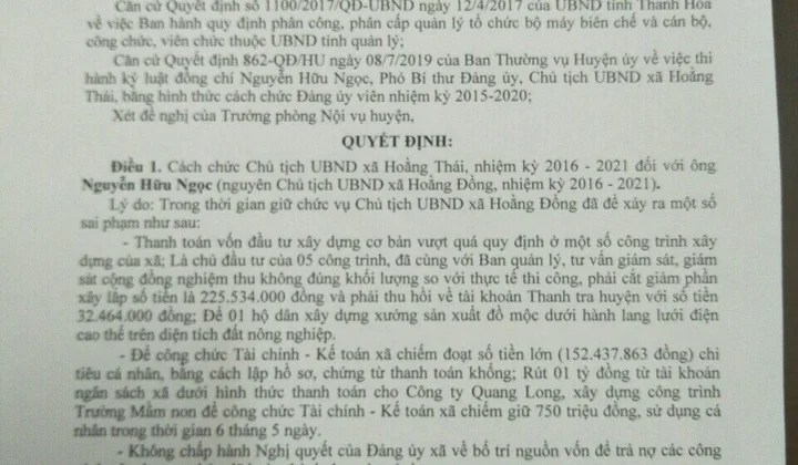 Hoằng Hóa - Thanh Hóa: Cách chức Chủ tịch UBND xã Hoằng Thái vì liên quan đến nhiều sai phạm