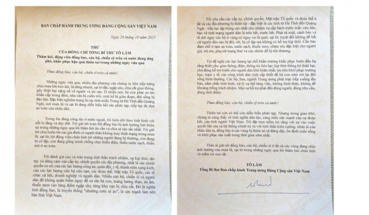 Tổng Bí thư Tô Lâm gửi Thư thăm hỏi đồng bào, cán bộ, chiến sĩ vùng thiên tai