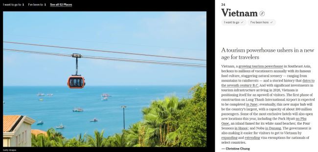 New York Times chọn cáp treo Hòn Thơm là hình ảnh biểu tượng của du lịch Việt Nam trong danh sách “phải đến năm 2026”