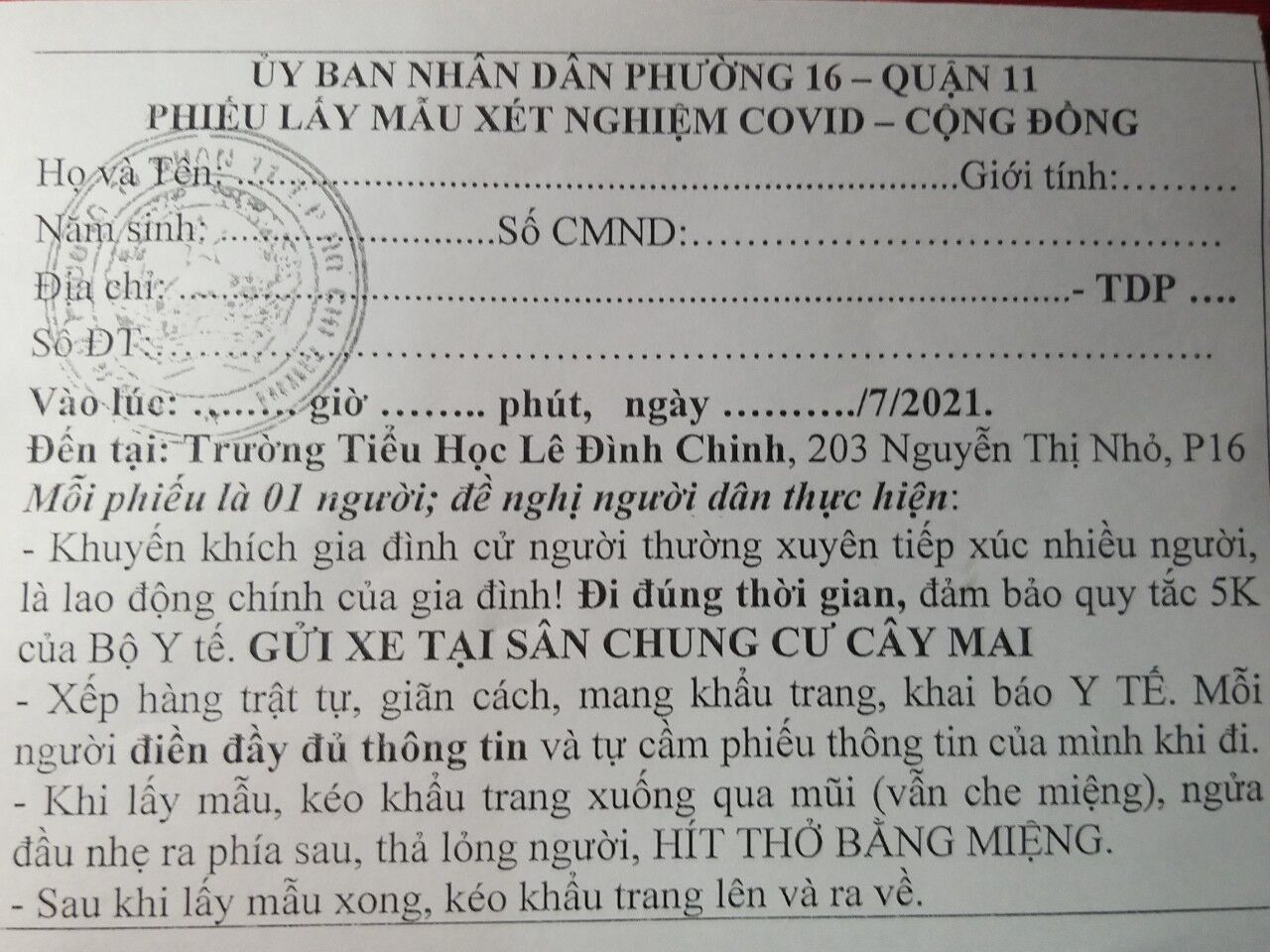 Phiếu lẫy mẫu xét nghiệm COVID-19 tại phường 16, quận 11