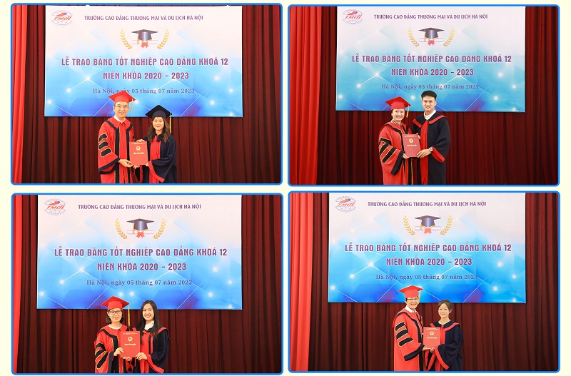 Đại diện Ban giám hiệu Nhà trường và lãnh đạo các Khoa trao bằng cho các tân cử nhân khóa 12.