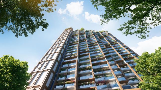 Thiết kế tòa The Xanh 2 ứng dụng linh hoạt chất liệu truyền thống (Ảnh: Sun Property)