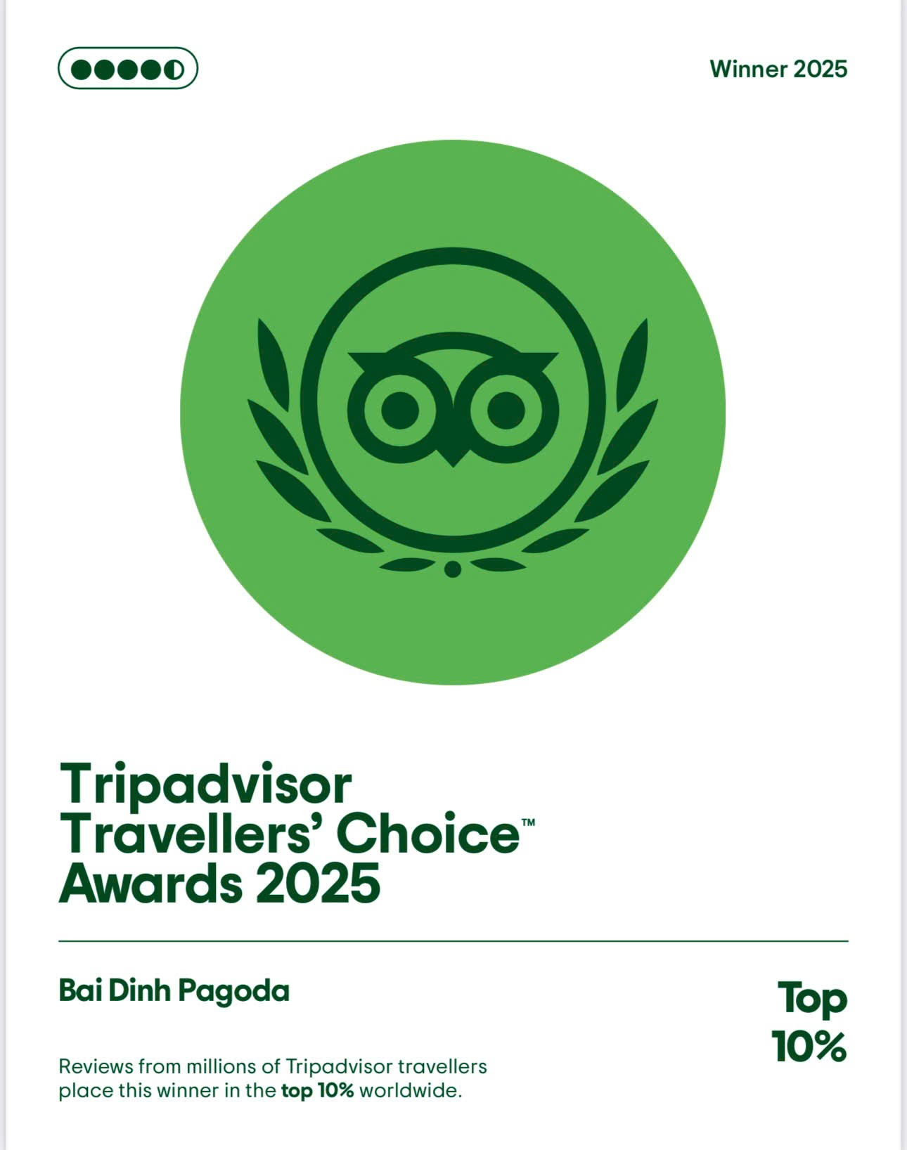 Chùa Bái Đính được TripAdvisor vinh danh trao giải thưởng danh giá: “Giải Travellers’ Choice – Điểm Đến Nổi Bật với “Tích Xanh” đặc biệt.